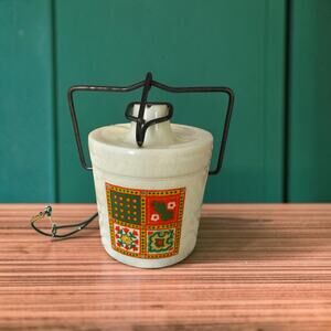 Vintage 1970s Plastic Cheese Crock Canister Wire Bail Lid Retro Tile Decal
